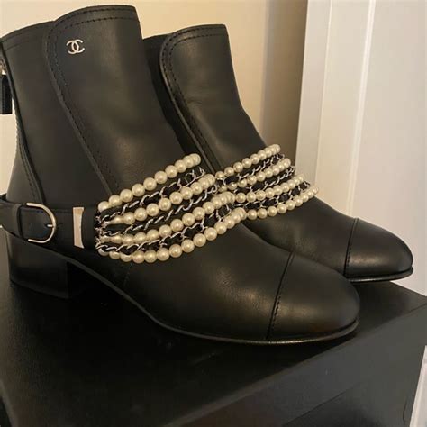 chanel pearl boots 2018|Chanel black canvas heel boots.